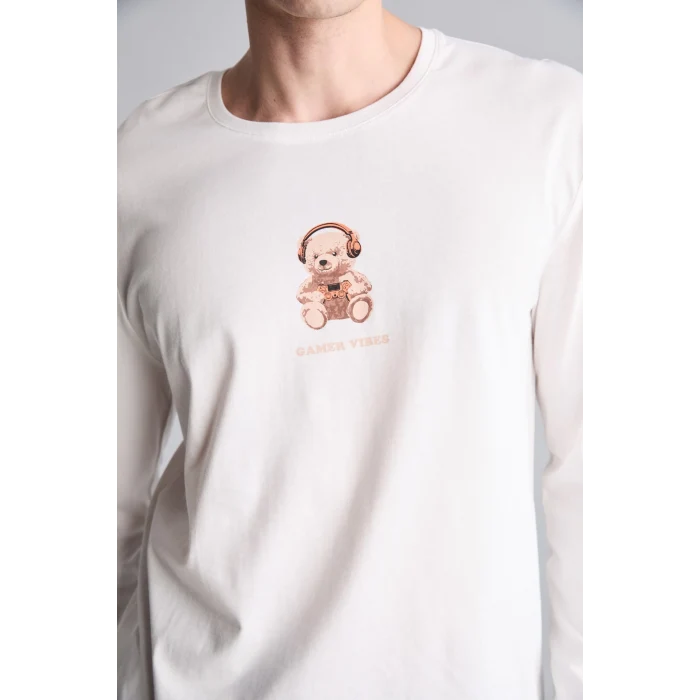 Defacto I3176AXER98 Ekru %100 Pamuk Regular Fit Baskılı Uzun Kollu 2li Pijama Takımı