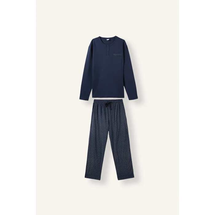 Defacto I2490AXNV135 Lacivert %100 Pamuk New Regular Fit Henley Yaka Cepli Uzun Kollu 2li Pijama Takımı