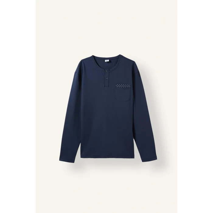 Defacto I2490AXNV135 Lacivert %100 Pamuk New Regular Fit Henley Yaka Cepli Uzun Kollu 2li Pijama Takımı