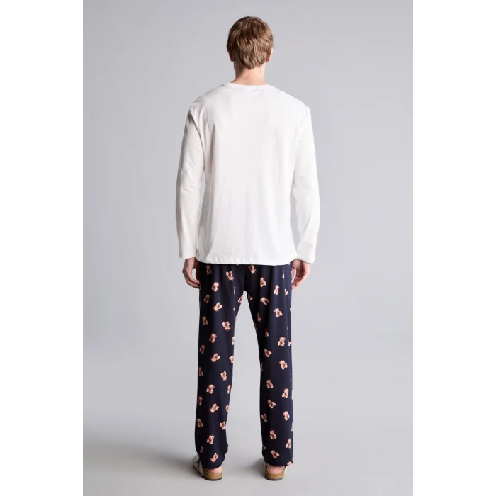 Defacto I3176AXER98 Ekru %100 Pamuk Regular Fit Baskılı Uzun Kollu 2li Pijama Takımı