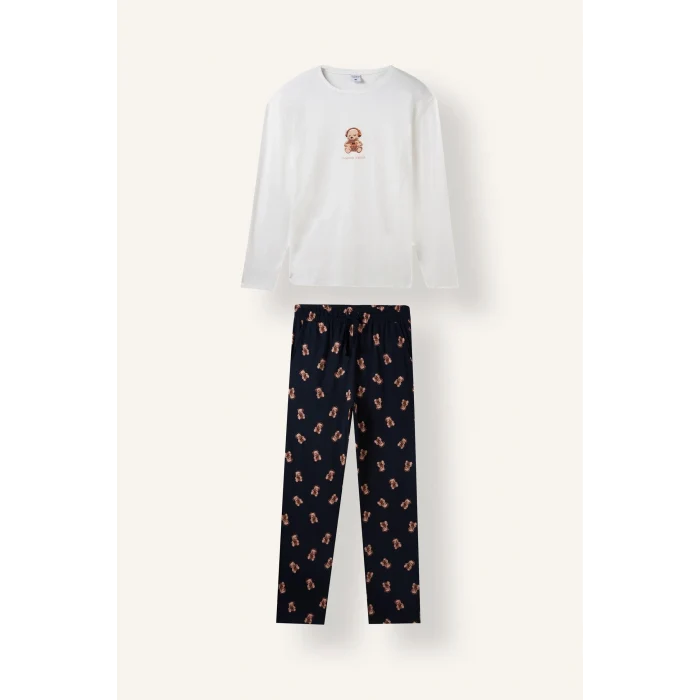 Defacto I3176AXER98 Ekru %100 Pamuk Regular Fit Baskılı Uzun Kollu 2li Pijama Takımı
