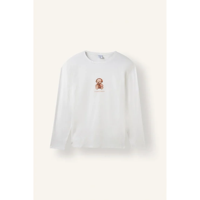 Defacto I3176AXER98 Ekru %100 Pamuk Regular Fit Baskılı Uzun Kollu 2li Pijama Takımı