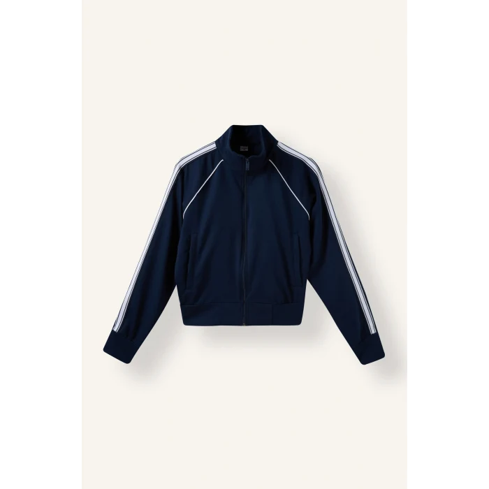 Defacto I8957AXNV238 Lacivert Standart Fit Dik Yaka Şerit Detaylı Fermuarlı Basic Sweatshirt Hırka