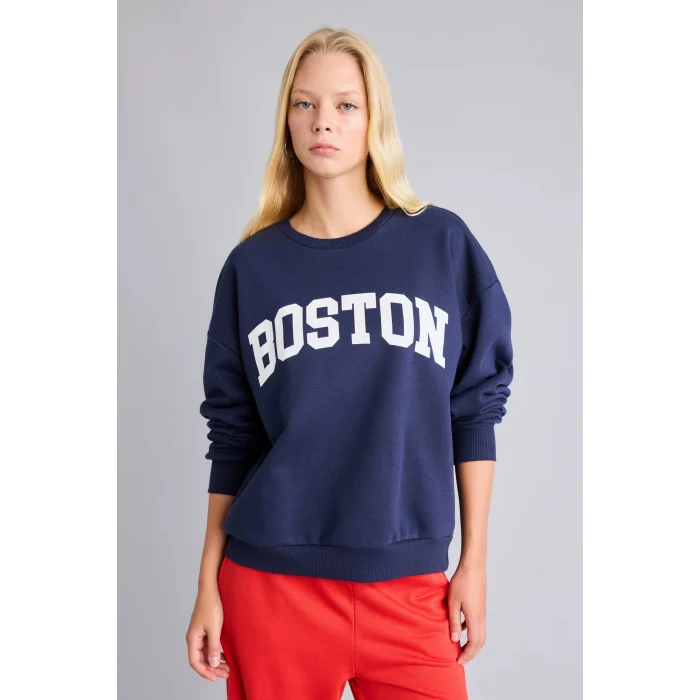 Defacto I6356AXNV241 Lacivert %100 Pamuk Oversize Bisiklet Yaka Boston Baskılı Sweatshirt