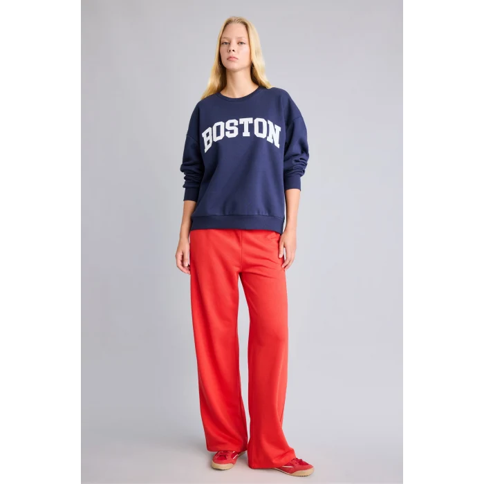 Defacto I6356AXNV241 Lacivert %100 Pamuk Oversize Bisiklet Yaka Boston Baskılı Sweatshirt