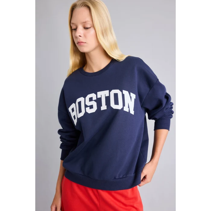 Defacto I6356AXNV241 Lacivert %100 Pamuk Oversize Bisiklet Yaka Boston Baskılı Sweatshirt