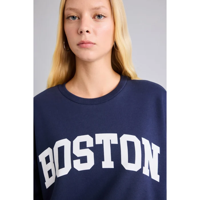 Defacto I6356AXNV241 Lacivert %100 Pamuk Oversize Bisiklet Yaka Boston Baskılı Sweatshirt