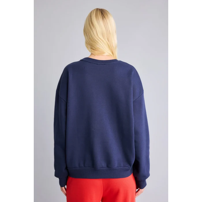 Defacto I6356AXNV241 Lacivert %100 Pamuk Oversize Bisiklet Yaka Boston Baskılı Sweatshirt
