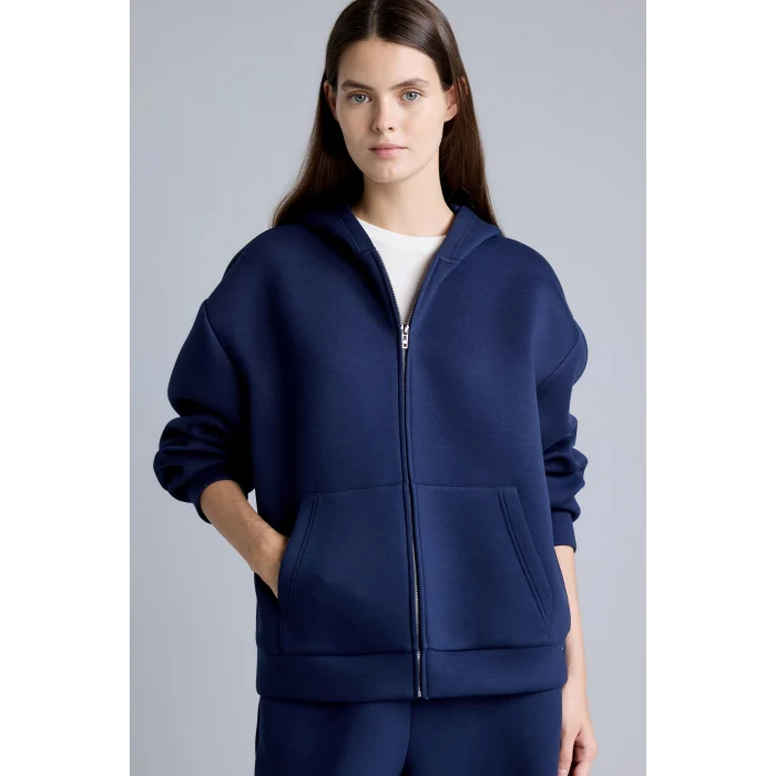 Defacto H5571AXNV241 Lacivert Relaxed Fit Kapüşonlu Fermuarlı Cepli Skuba Kumaş Basic Sweatshirt Hırka