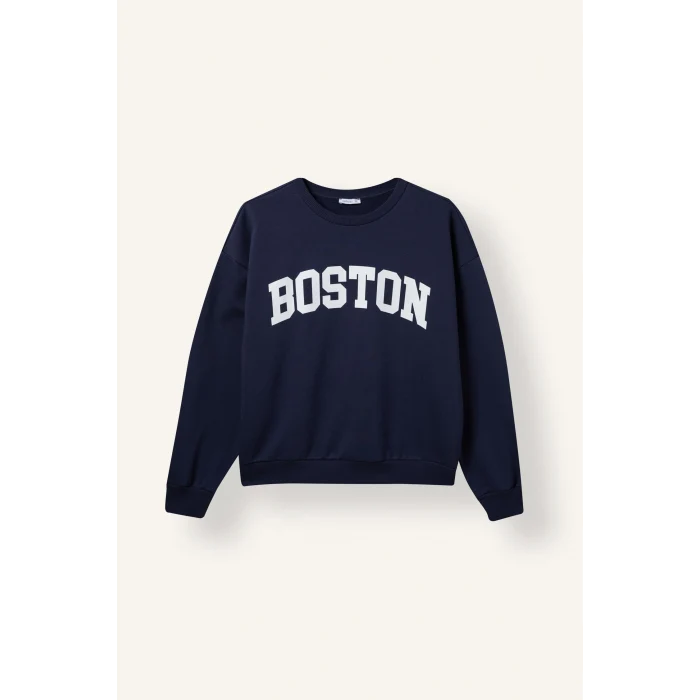 Defacto I6356AXNV241 Lacivert %100 Pamuk Oversize Bisiklet Yaka Boston Baskılı Sweatshirt