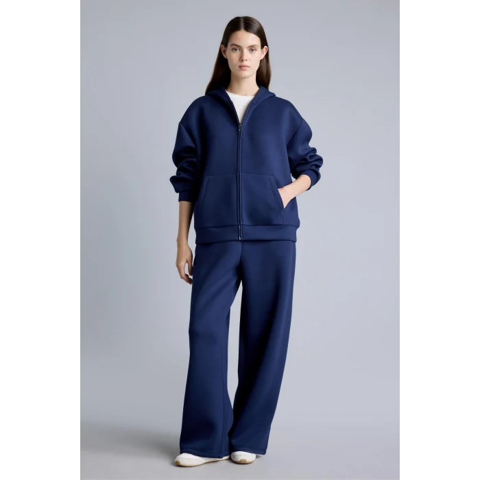 Defacto H5571AXNV241 Lacivert Relaxed Fit Kapüşonlu Fermuarlı Cepli Skuba Kumaş Basic Sweatshirt Hırka