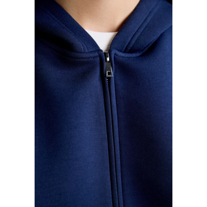 Defacto H5571AXNV241 Lacivert Relaxed Fit Kapüşonlu Fermuarlı Cepli Skuba Kumaş Basic Sweatshirt Hırka