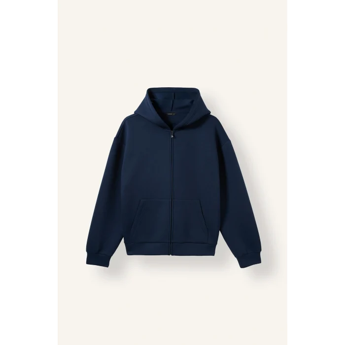 Defacto H5571AXNV241 Lacivert Relaxed Fit Kapüşonlu Fermuarlı Cepli Skuba Kumaş Basic Sweatshirt Hırka
