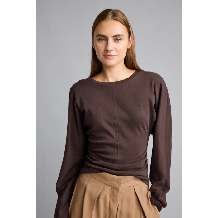 Defacto I8183AXBN267 Kahve %100 Pamuk Dikiş Detaylı Slim Fit Bisiklet Yaka Uzun Kollu Basic Tişört