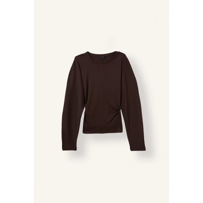 Defacto I8183AXBN267 Kahve %100 Pamuk Dikiş Detaylı Slim Fit Bisiklet Yaka Uzun Kollu Basic Tişört