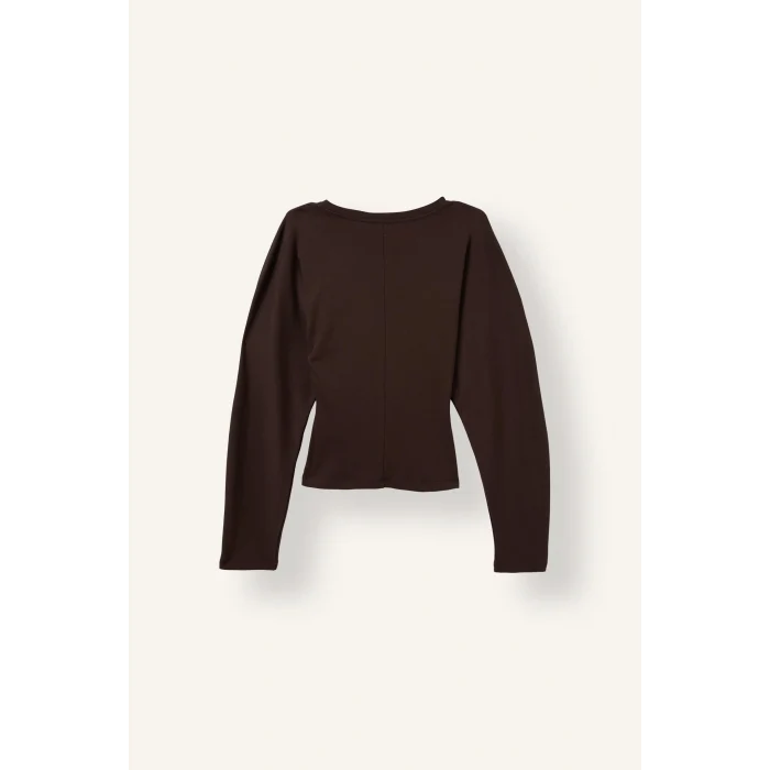 Defacto I8183AXBN267 Kahve %100 Pamuk Dikiş Detaylı Slim Fit Bisiklet Yaka Uzun Kollu Basic Tişört