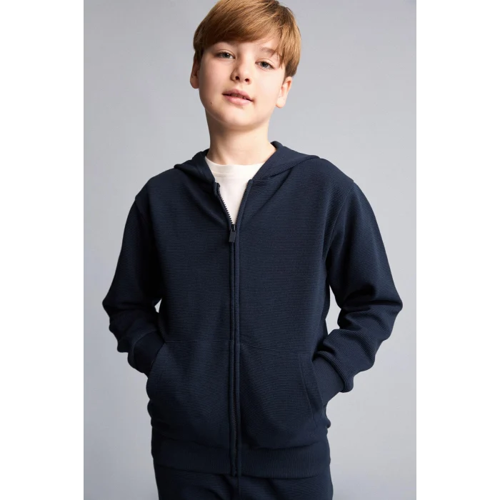 Defacto H2847A8NV253 Lacivert Kapüşonlu Basic Fermuarlı Cepli Sweatshirt Hırka Erkek Çocuk