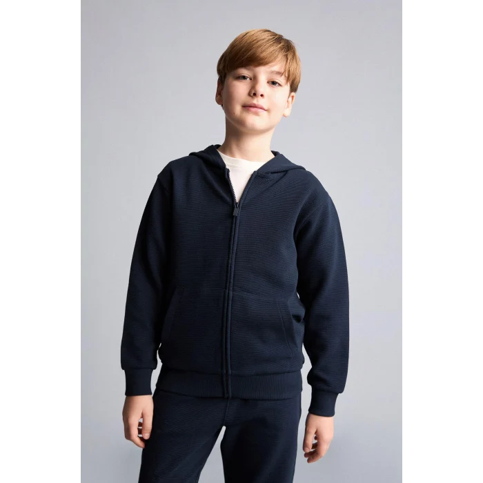 Defacto H2847A8NV253 Lacivert Kapüşonlu Basic Fermuarlı Cepli Sweatshirt Hırka Erkek Çocuk