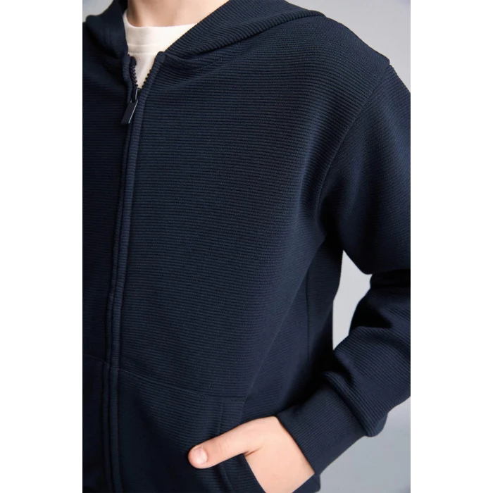 Defacto H2847A8NV253 Lacivert Kapüşonlu Basic Fermuarlı Cepli Sweatshirt Hırka Erkek Çocuk