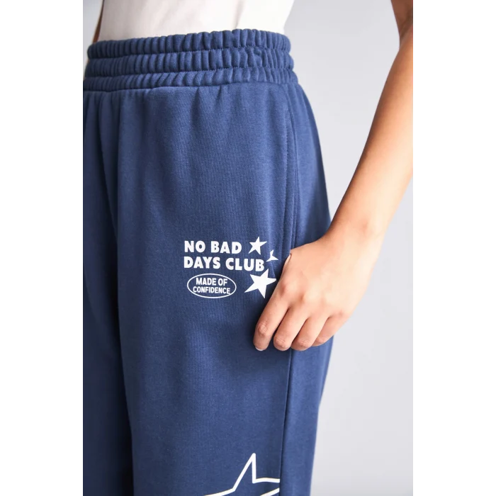 Defacto H4222AXNV241 Lacivert Wide Leg Yıldız Baskılı Kalın Kumaş Eşofman Altı