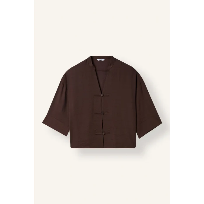 Defacto I8515AXBN130 Kahve Oversize Hakim Yaka Brit Düğmeli Uzun Kollu Basic Bluz