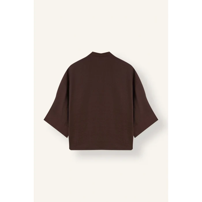 Defacto I8515AXBN130 Kahve Oversize Hakim Yaka Brit Düğmeli Uzun Kollu Basic Bluz