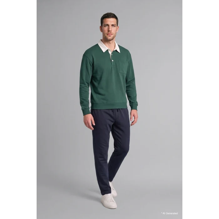 Defacto I3625AXGN149 Yeşil %100 Pamuk Relaxed Fit Kontrast Polo Yaka Cepli İnce Sweatshirt