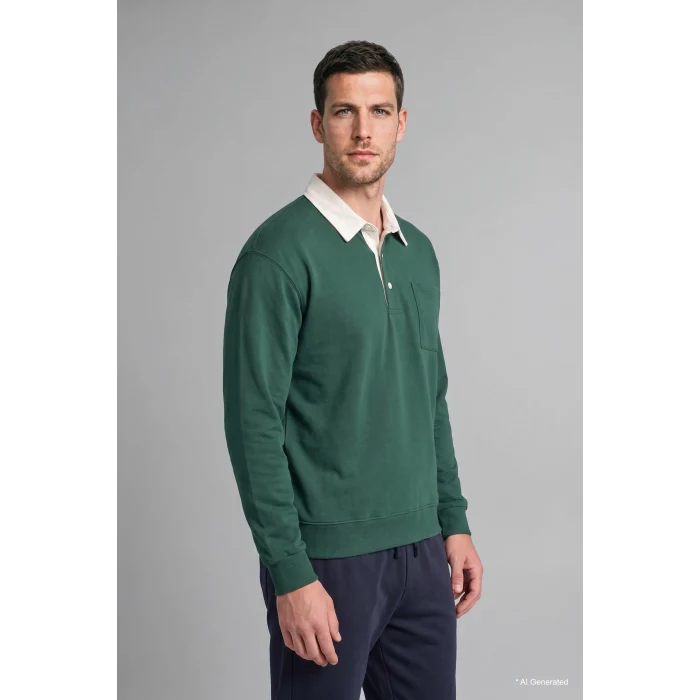 Defacto I3625AXGN149 Yeşil %100 Pamuk Relaxed Fit Kontrast Polo Yaka Cepli İnce Sweatshirt