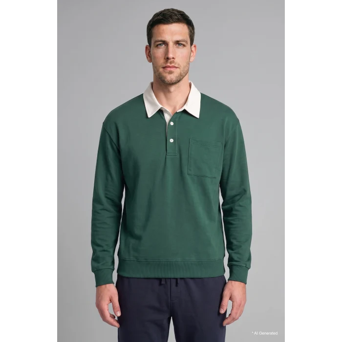 Defacto I3625AXGN149 Yeşil %100 Pamuk Relaxed Fit Kontrast Polo Yaka Cepli İnce Sweatshirt