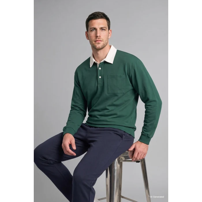 Defacto I3625AXGN149 Yeşil %100 Pamuk Relaxed Fit Kontrast Polo Yaka Cepli İnce Sweatshirt