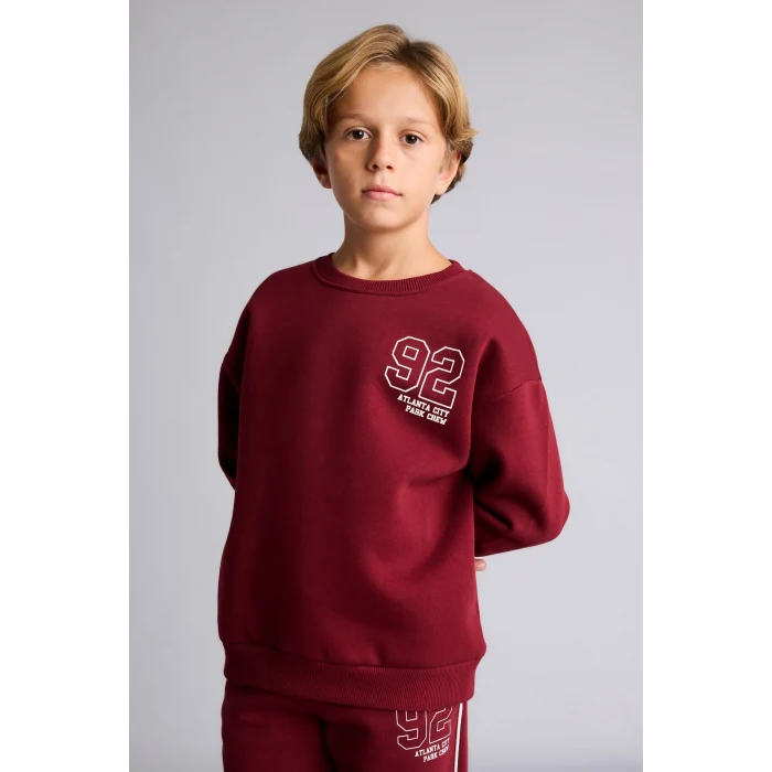Defacto I6070A8BR248 Bordo Bisiklet Yaka Numara Baskılı İçi Yumuşak Tüylü Kalın Sweatshirt Erkek Çocuk
