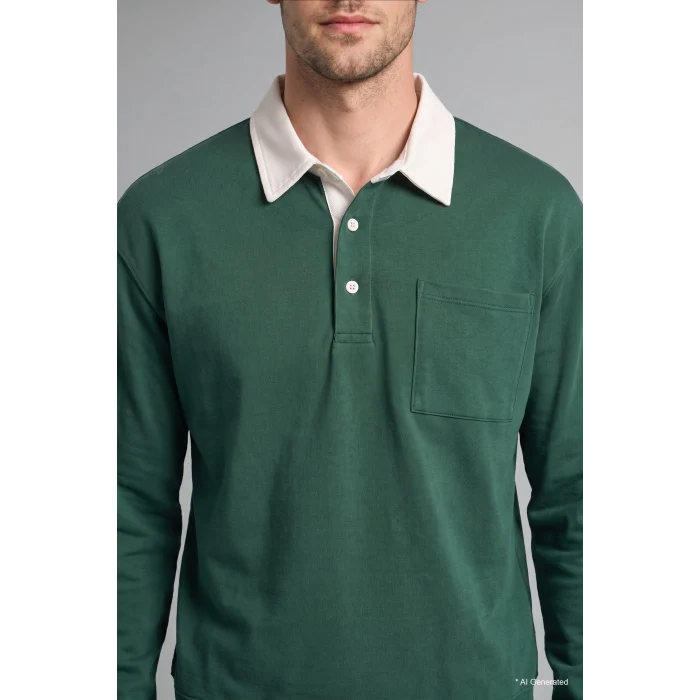 Defacto I3625AXGN149 Yeşil %100 Pamuk Relaxed Fit Kontrast Polo Yaka Cepli İnce Sweatshirt