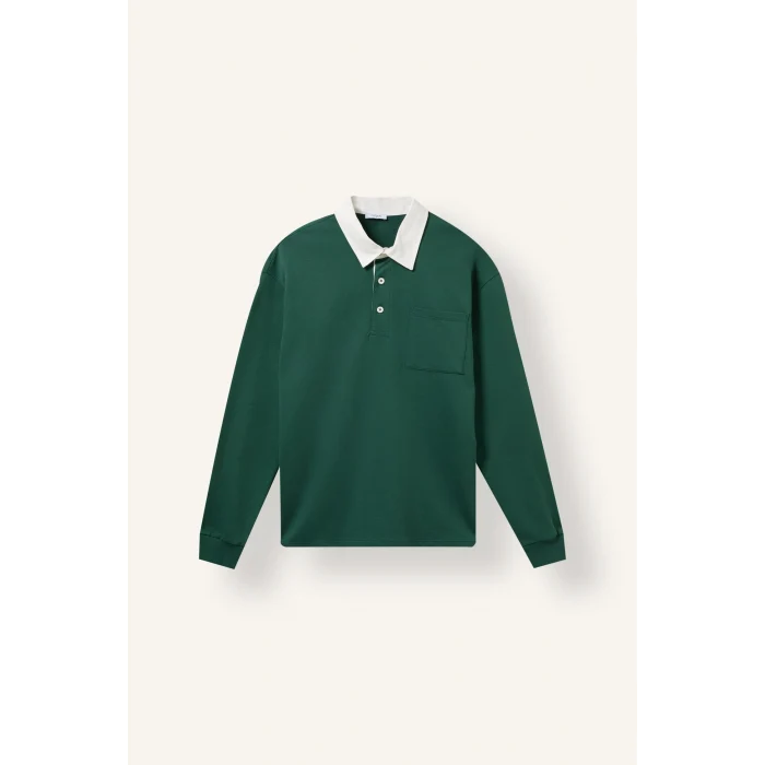 Defacto I3625AXGN149 Yeşil %100 Pamuk Relaxed Fit Kontrast Polo Yaka Cepli İnce Sweatshirt