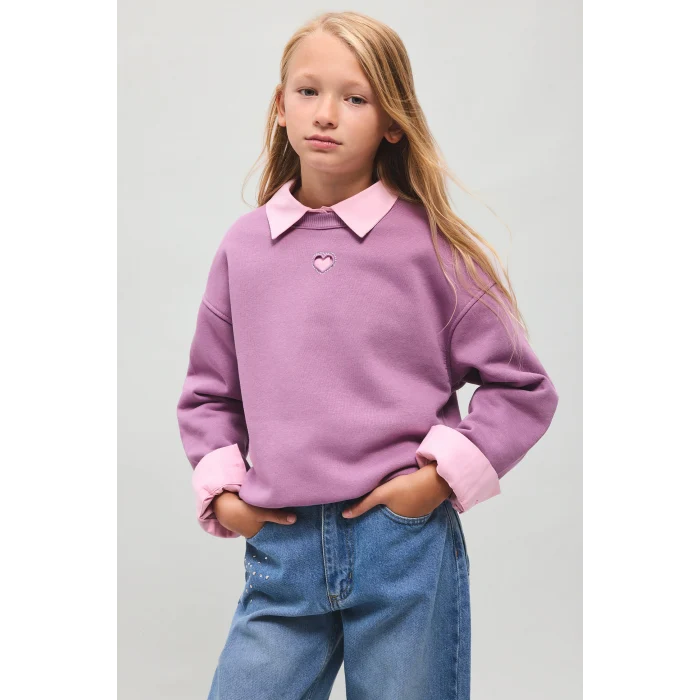 Defacto I6192A8PR237 Mor Relax Fit Bisiklet Yaka Kalp Pencereli Sweatshirt Kız Çocuk