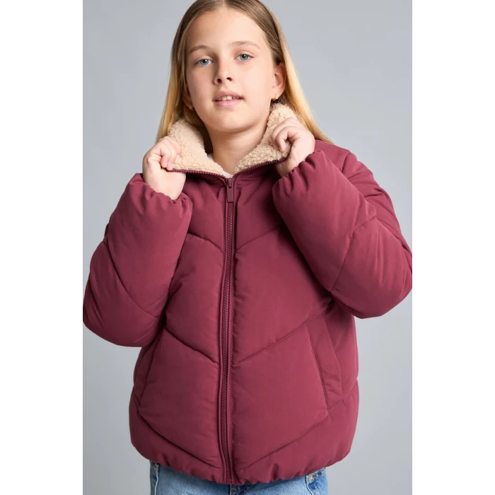 Defacto H8014A8BR170 Bordo Oversize Peluş Yaka İçi Detaylı Kapitone Fermuarlı Şişme Mont Kız Çocuk