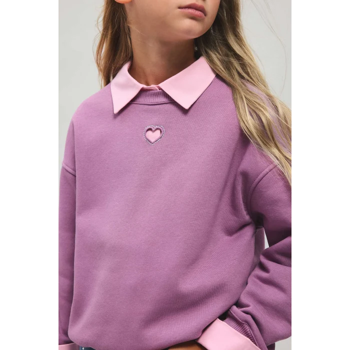 Defacto I6192A8PR237 Mor Relax Fit Bisiklet Yaka Kalp Pencereli Sweatshirt Kız Çocuk