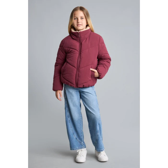 Defacto H8014A8BR170 Bordo Oversize Peluş Yaka İçi Detaylı Kapitone Fermuarlı Şişme Mont Kız Çocuk