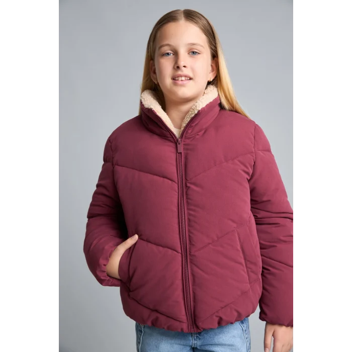 Defacto H8014A8BR170 Bordo Oversize Peluş Yaka İçi Detaylı Kapitone Fermuarlı Şişme Mont Kız Çocuk