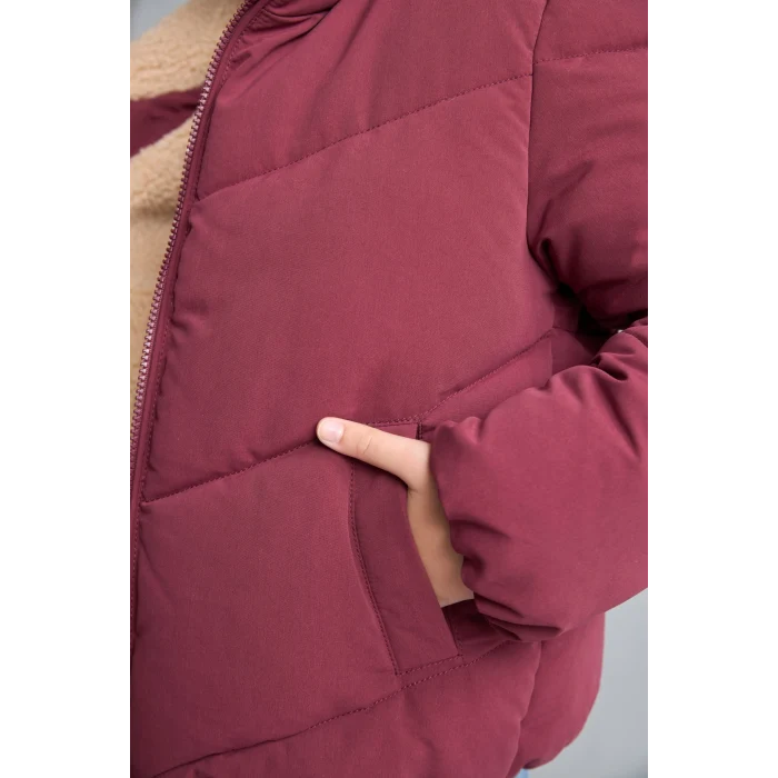 Defacto H8014A8BR170 Bordo Oversize Peluş Yaka İçi Detaylı Kapitone Fermuarlı Şişme Mont Kız Çocuk