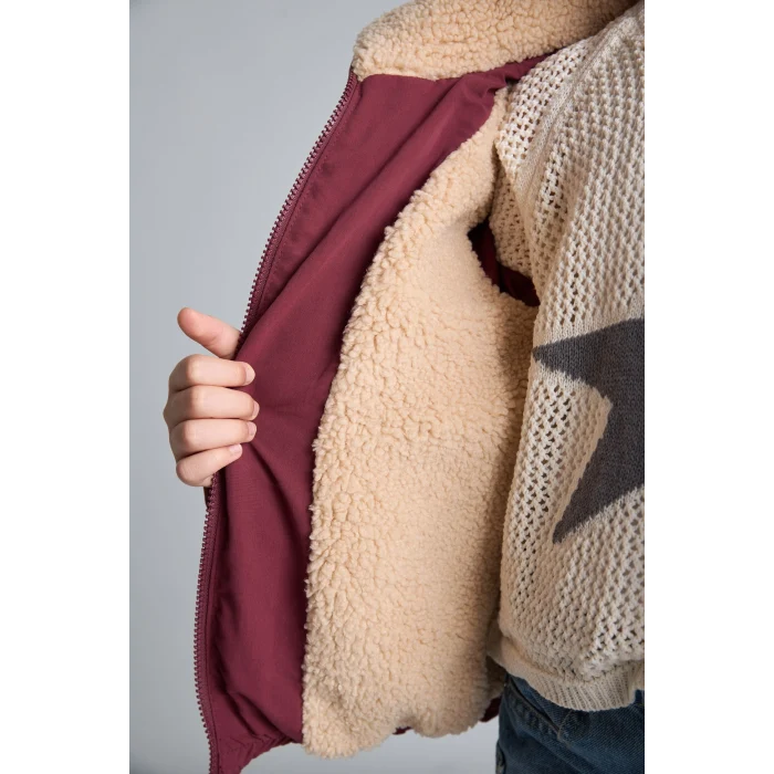 Defacto H8014A8BR170 Bordo Oversize Peluş Yaka İçi Detaylı Kapitone Fermuarlı Şişme Mont Kız Çocuk