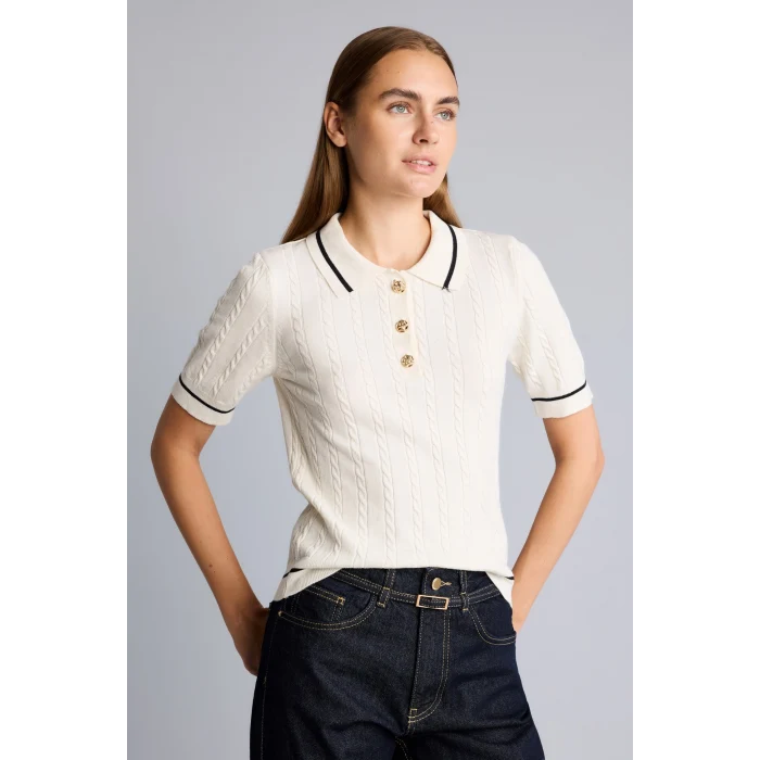 Defacto D9007AXER99 Ekru Kısa Kollu Fitilli Polo Yaka Basic Kazak
