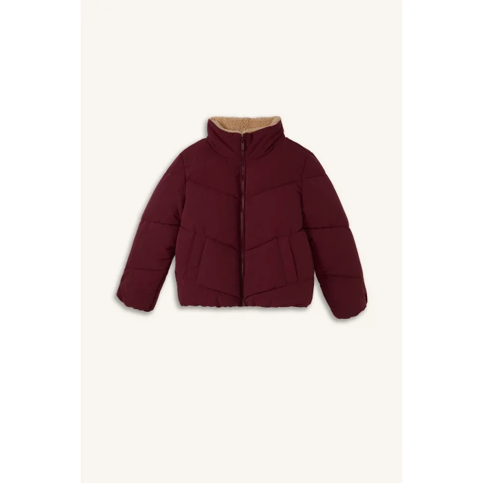 Defacto H8014A8BR170 Bordo Oversize Peluş Yaka İçi Detaylı Kapitone Fermuarlı Şişme Mont Kız Çocuk