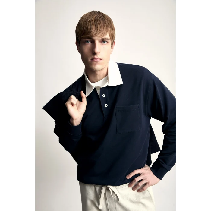 Defacto I3625AXNV64 Lacivert %100 Pamuk Relaxed Fit Kontrast Polo Yaka Cepli İnce Basic Sweatshirt