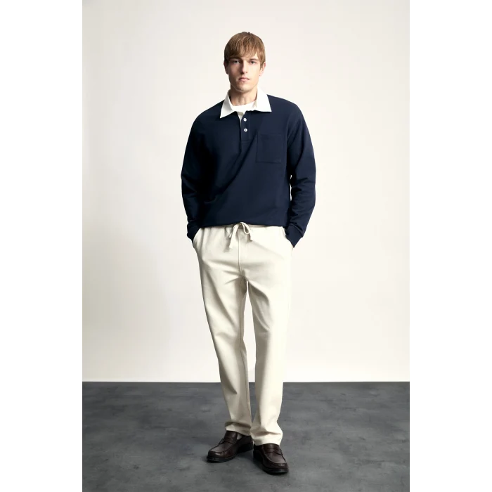 Defacto I3625AXNV64 Lacivert %100 Pamuk Relaxed Fit Kontrast Polo Yaka Cepli İnce Basic Sweatshirt
