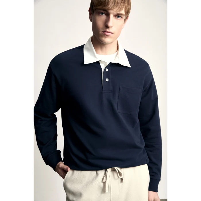 Defacto I3625AXNV64 Lacivert %100 Pamuk Relaxed Fit Kontrast Polo Yaka Cepli İnce Basic Sweatshirt