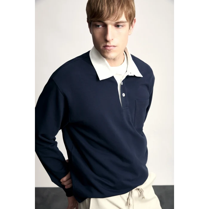 Defacto I3625AXNV64 Lacivert %100 Pamuk Relaxed Fit Kontrast Polo Yaka Cepli İnce Basic Sweatshirt