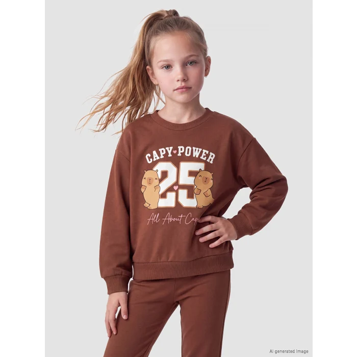 LCW Kids Kahverengi Baskılı Kız Çocuk Takım