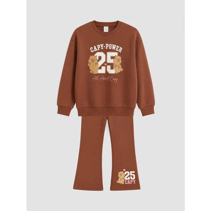 LCW Kids Kahverengi Baskılı Kız Çocuk Takım