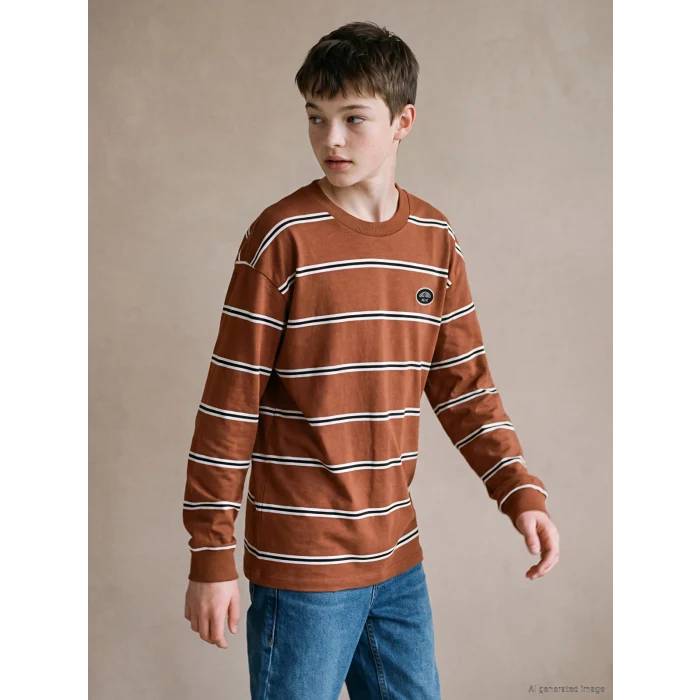 LCW Kids Kahverengi Bisiklet Yaka Çizgili Erkek Çocuk Tişört