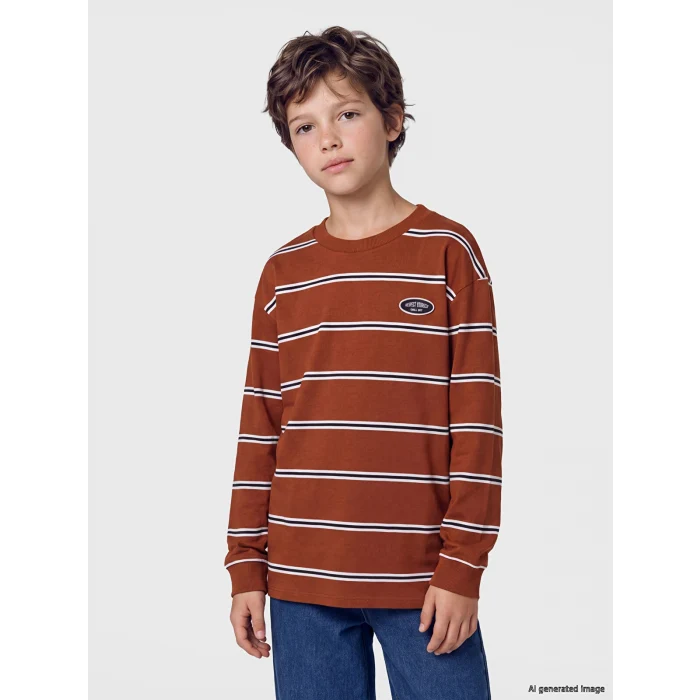 LCW Kids Kahverengi Bisiklet Yaka Çizgili Erkek Çocuk Tişört